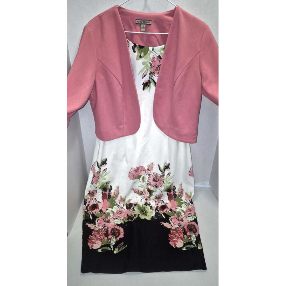 Maya Brooke Size 10 Floral Print Sheath Dress with Pink Crop Jacket ~ 2 pce Set